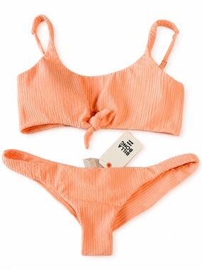 New Billabong Peach Ribbed Tie-Front  Bikini Set Under The Sun Skinny Coverage